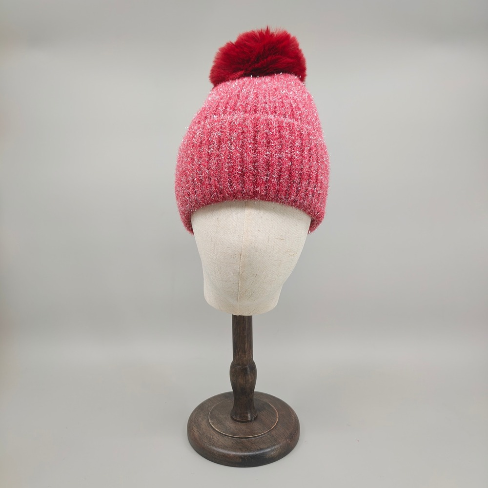 Natasha Sparkle Pom Beanie Lined Red Metallic Knit Faux Fur One Size New